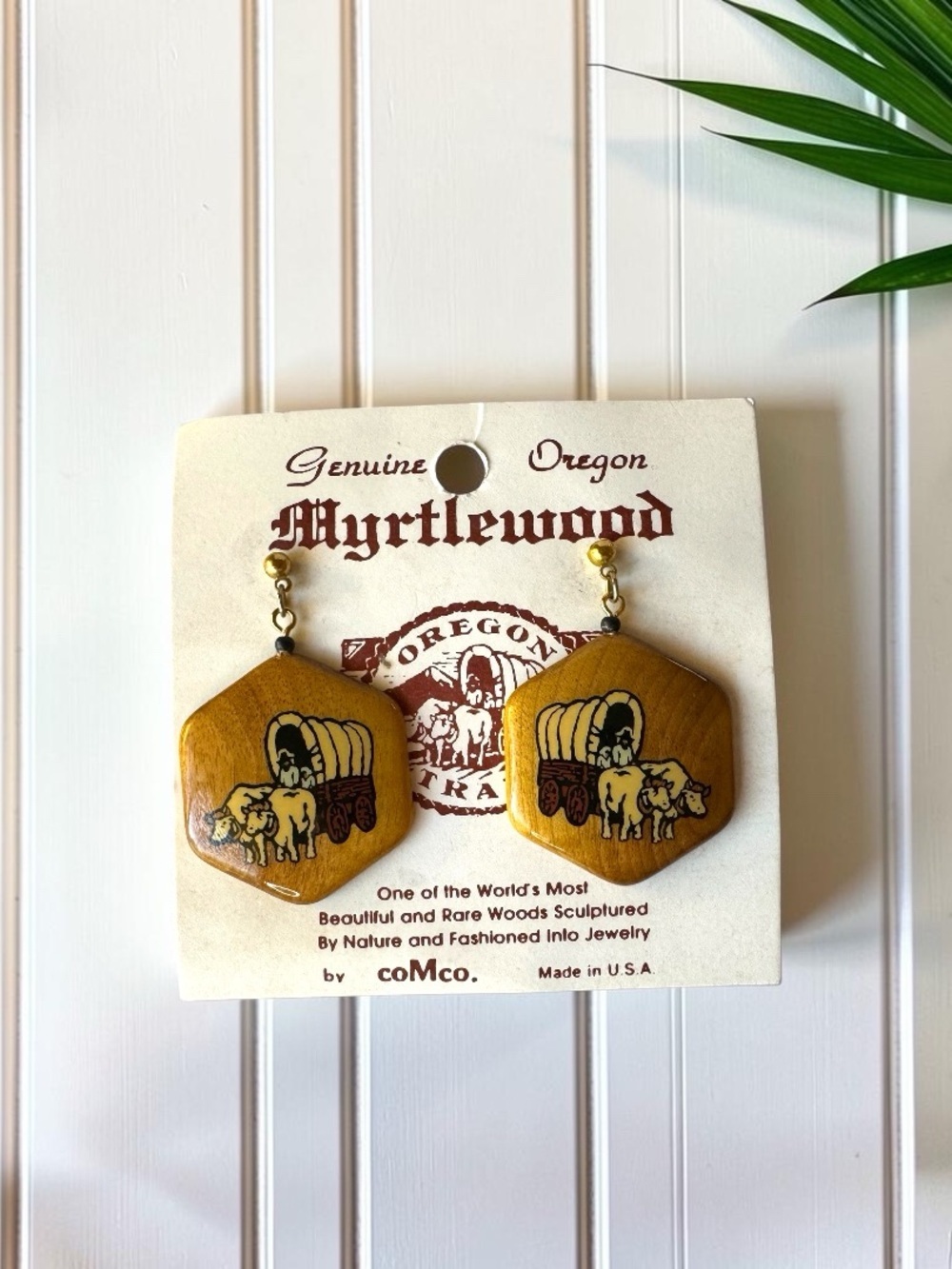 Vintage Oregon Myrtlewood Covered Wagon Dangle Earrings on Original Card